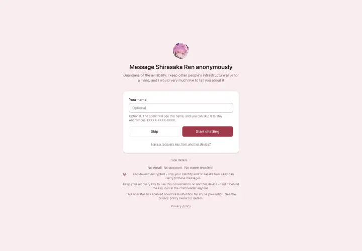Anonchat identity screen with the privacy and encryption details expanded