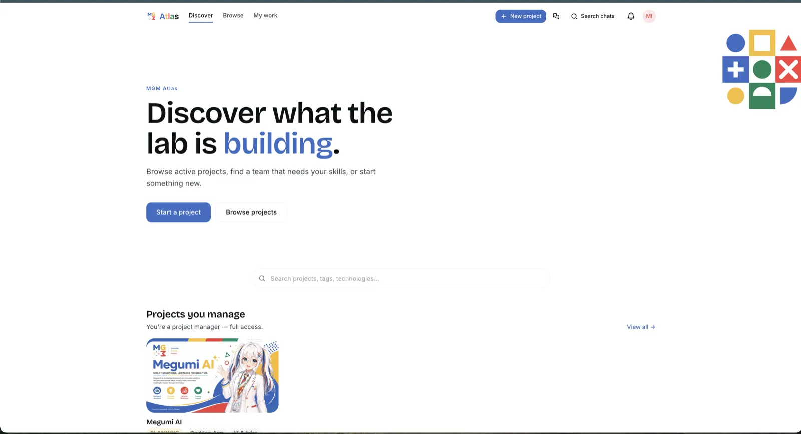 Atlas discovery dashboard with a featured project hero