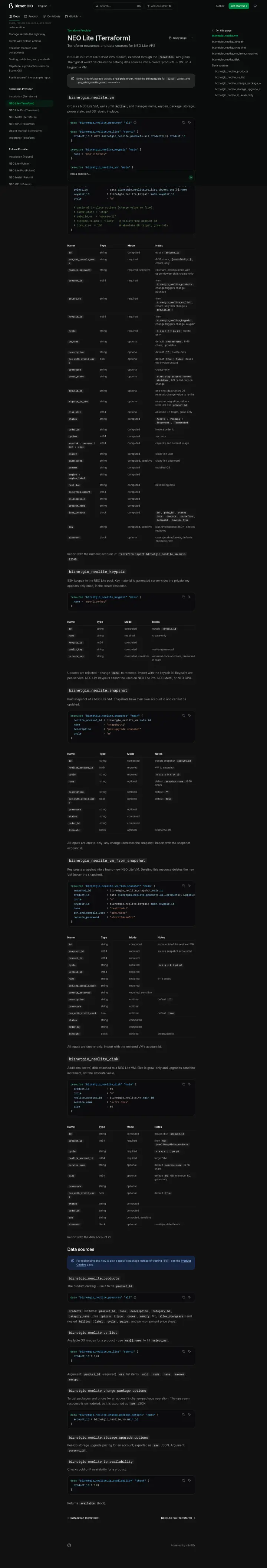 Terraform NEO Lite reference page with schema, examples, and lifecycle guidance