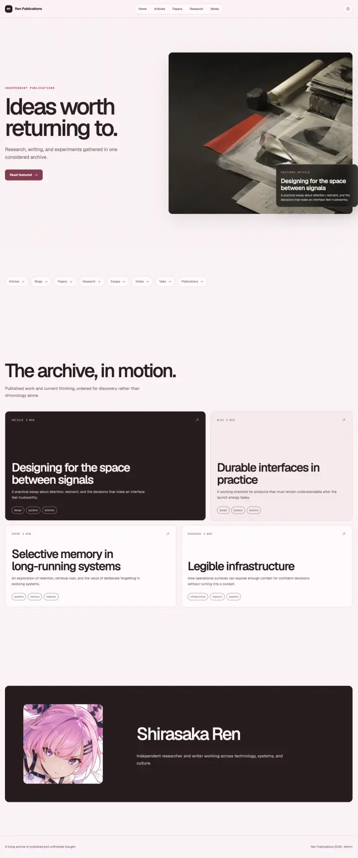 Complete Ren Publications home page with its archive and author profile
