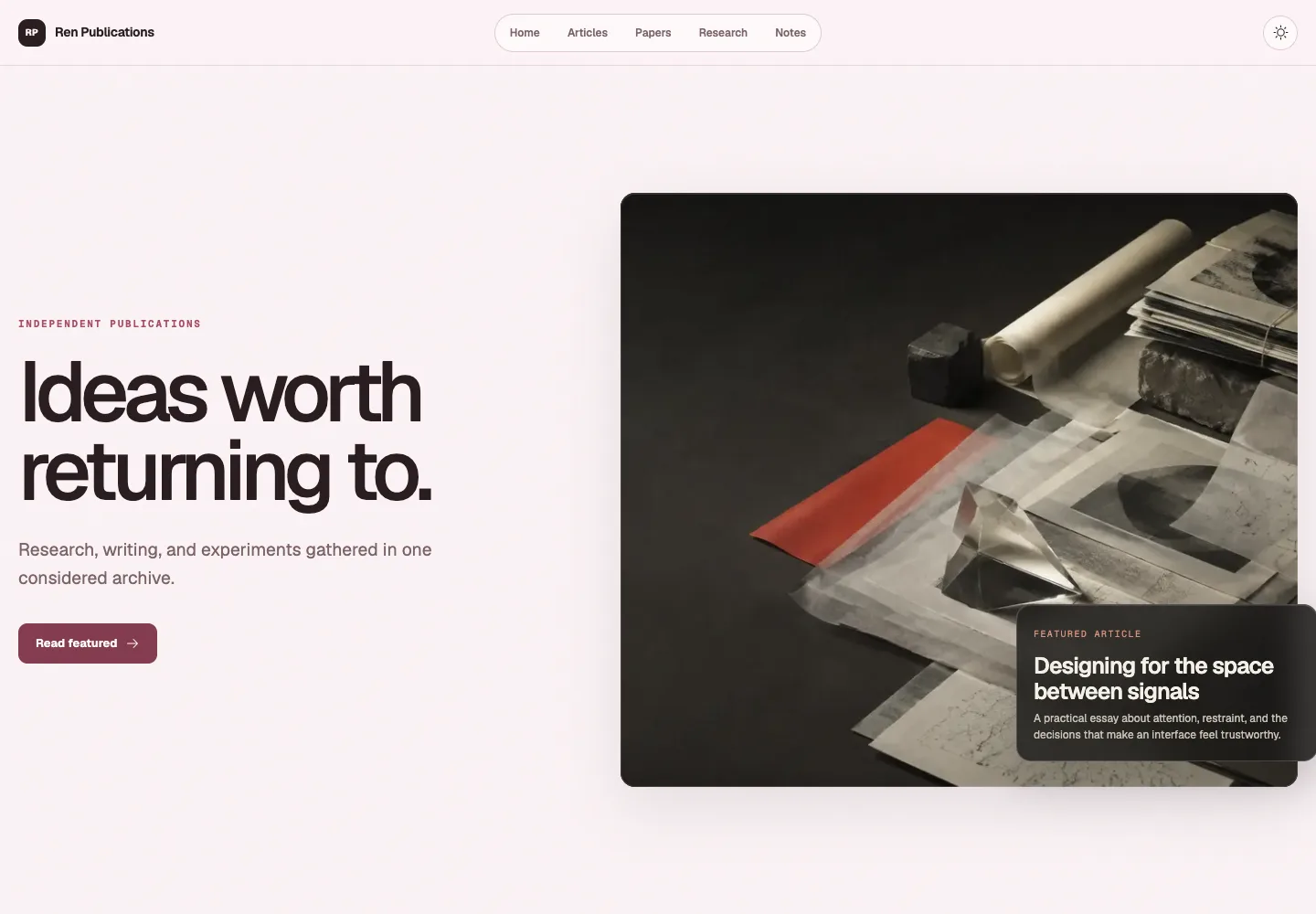 Ren Publications home page with a featured article and format archive