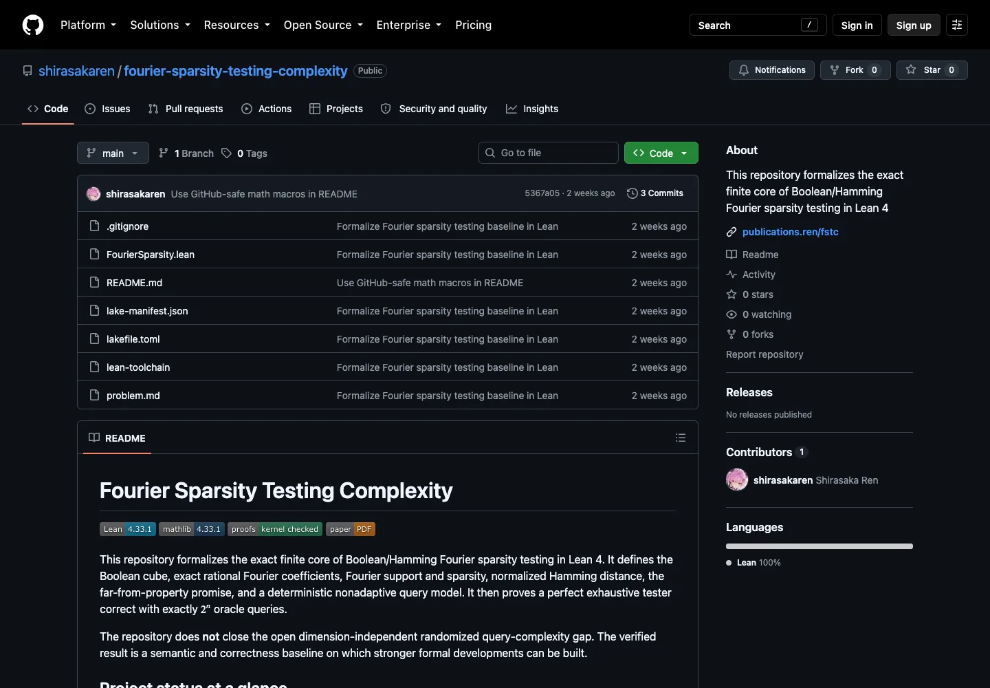 Fourier Sparsity Testing repository with exact definitions and theorem scope