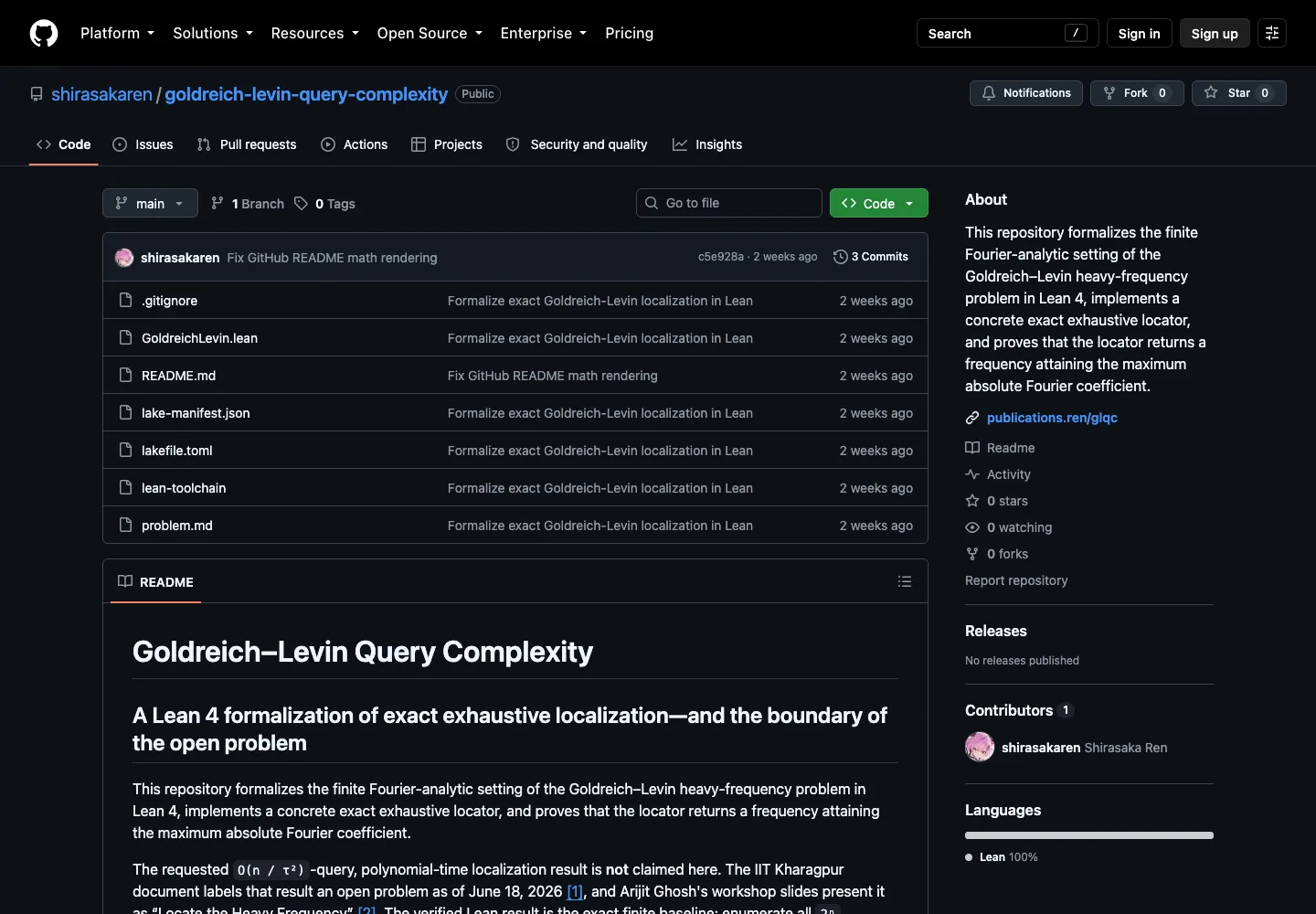 Goldreich-Levin query complexity repository with the exact locator proof
